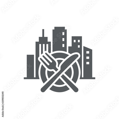Canvastavla City skyline silhouette with fork and knife plate icon.