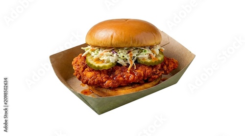 Spicy Fried Chicken Sandwich with Coleslaw and Pickles Isolated
