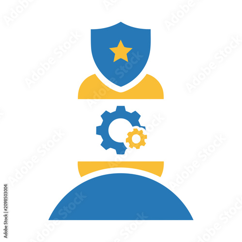 Abstract Icon of Person with Gears and Shield