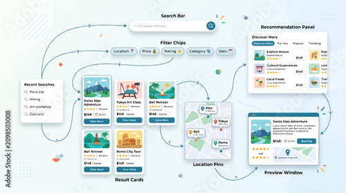 Travel Search Interface UI Kit With Location Pins And Recommendation Panels For Users.