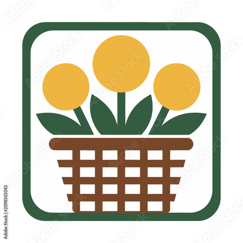 Basket of yellow flowers and green leaves icon