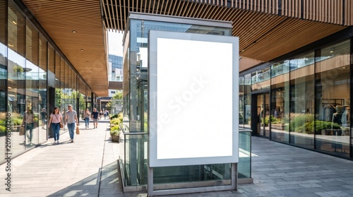 Blank advertising billboard in a modern outdoor shopping mall walkway.