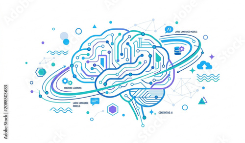 Abstract AI Data Stream Flow with Digital Brain Network and Big Data Technology Vector Illustration.
