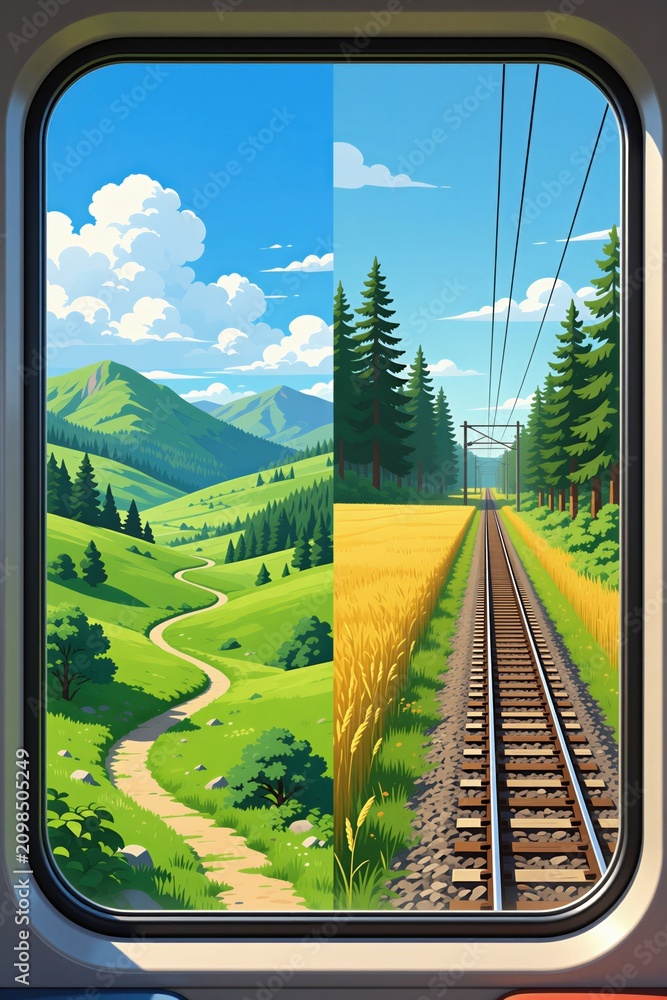 Obraz premium Two landscapes split view seen from train window. Green rolling hills and winding path on left. Train track through golden field and pine forest on right.
