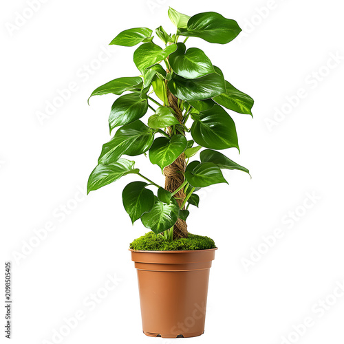 Green indoor houseplant climbing a moss pole in a pot isolated on a transparent background
