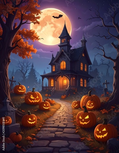 Spooky halloween night with glowing pumpkins and haunted house under moonlight