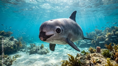 Curious vaquita approaching the underwater camera, direct eye contact, crystal clear water, authentic marine habitat
