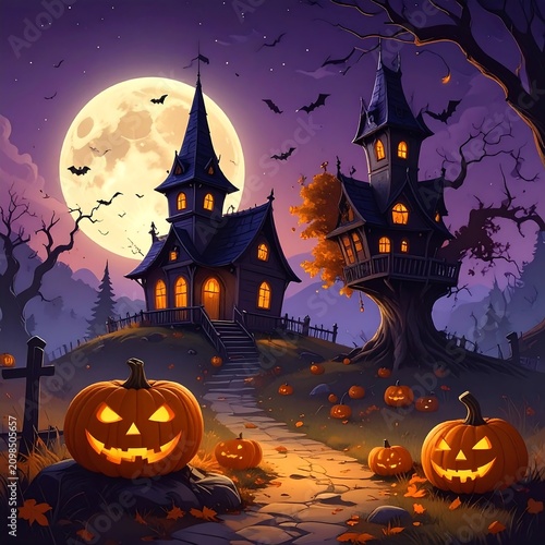 Spooky halloween haunted house with pumpkins under a full moon