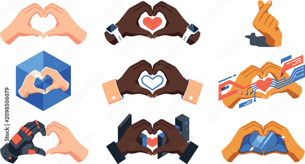 Fototapeta premium Heart Hand Gesture Collection with Love Signs, Finger Heart, Diversity, Human Connection, Digital Communication, and Flat Vector Illustration Set