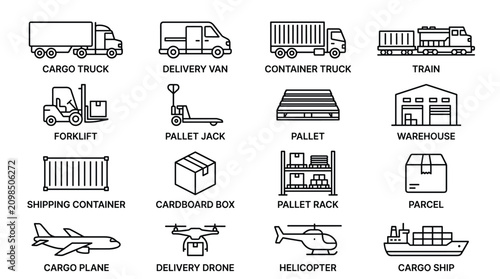 Logistics and transportation icons featuring cargo trucks delivery vans forklift warehouse storage shipping containers and various freight transport vehicles.