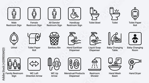 Set of bathroom icons representing various restroom facilities signs including toilet symbols accessibility hygiene items baby care and wash station line vector.
