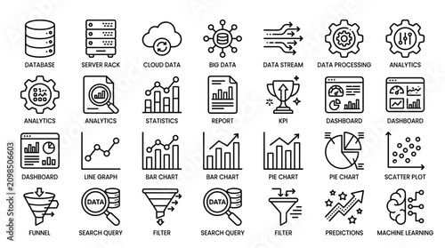 Set of big data management analytics and machine learning line icons including database server cloud statistics reports charts and predictive modelling graph nodes.