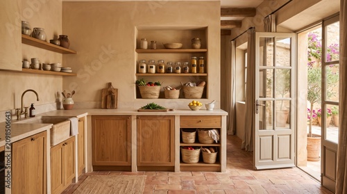Warm Mediterranean kitchen with lime-plaster walls, solid wood cupboards, woven produce baskets, refillable pantry jars and an open courtyard doorway carrying golden sunlight through the earthen room