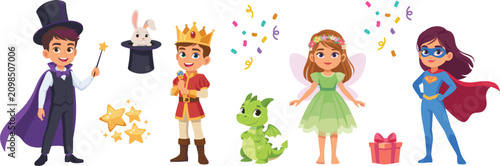 Fotografía Cute Diverse Kids Birthday Party Fancy Dress Costumes Character Set with Little