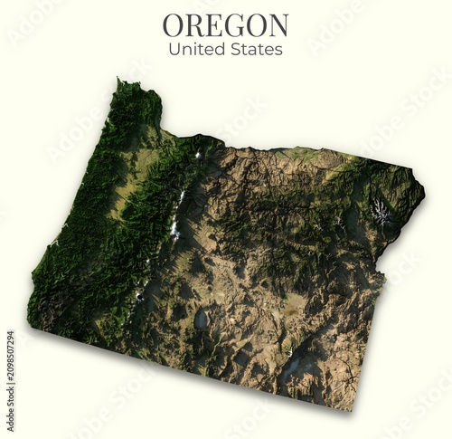 Fotografía Oregon shaded relief map, 3D terrain map illustration of Oregon, United States, hillshaded physical geography