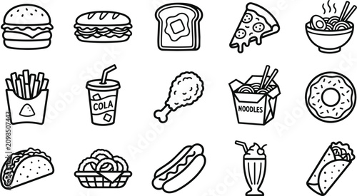 Foto Assorted fast food and unhealthy snack hand drawn icon set with restaurant delic