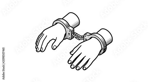 Bild auf Leinwand Isometric black and white illustration of hands in metal handcuffs