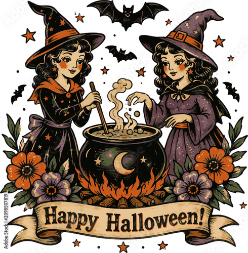 Cartoon Halloween Witch Flying on a Broom with Black Cat Pumpkin Bats and Full Moon on a Spooky Autumn Night Vector Illustration Background