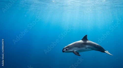 Single vaquita swimming through beautiful blue gradient ocean background with generous copy space