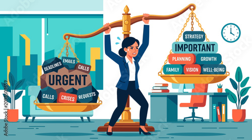 Businesswoman balancing urgent demands with important life aspects on a large scale
