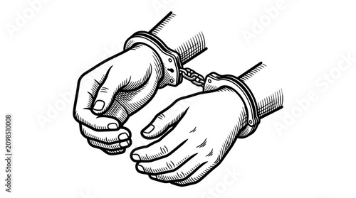 Cuadro en lienzo Black and white woodcut style illustration of handcuffed hands