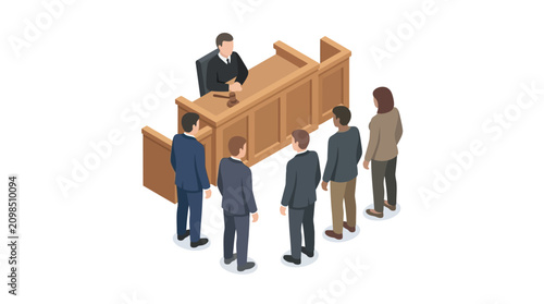 Foto Isometric illustration of a judge presiding over people in courtroom