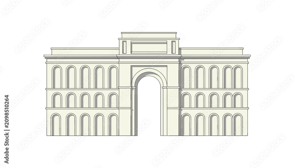 Fototapeta premium Classic architectural building with multiple arched windows and a large central archway isolated on white.