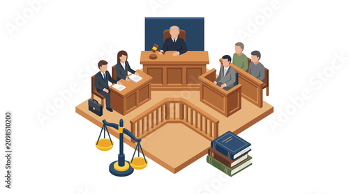 Isometric Courtroom Scene with Judge Lawyers and Legal Symbols