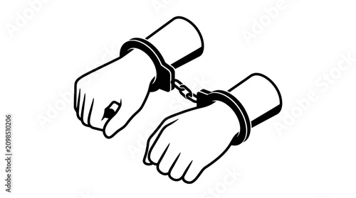 Black and white isometric illustration of hands in handcuffs