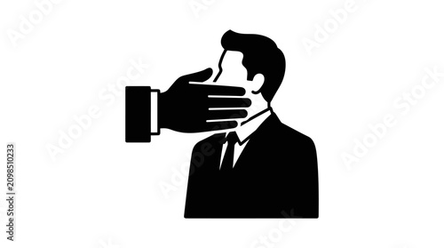 Tableau sur toile Large hand covering a businessman's mouth symbolizing censorship and silence
