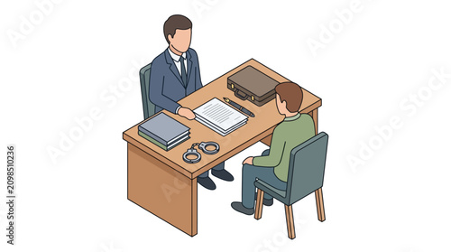 Isometric legal interrogation scene with lawyer and suspect at desk