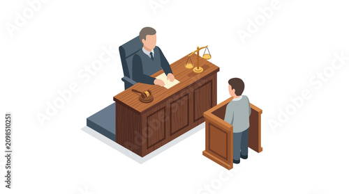 Isometric Illustration of a Judge Presiding Over a Courtroom Trial
