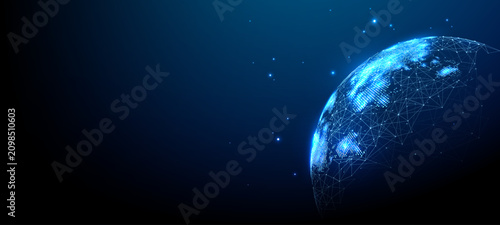 Global network connects digital world with glowing data lines across Earth's sphere, creating futuristic tech visualization for worldwide communication and internet concepts.