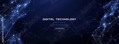 Network Background With Abstract Digital Border, Connected Data Nodes, Polygon Mesh and Glowing Lines. Technology Design for AI, Cloud Computing, Big Data, Communication and Innovation.