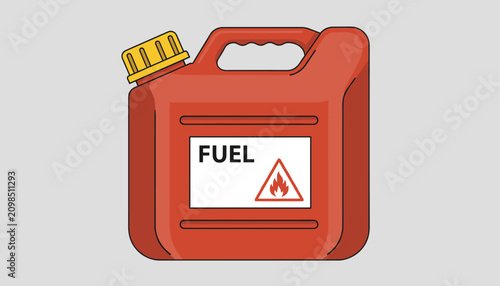 Red plastic fuel canister with a yellow screw cap and a flammable warning label isolated on a grey background.