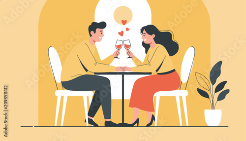 Romantic couple holding hands and drinking red wine during a candlelit dinner date at a restaurant, vector.