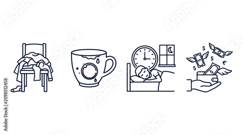 Fotografía Bad Habits Minimalist Line Icon Set with Laundry, Dirty Cup, Oversleeping and Mo