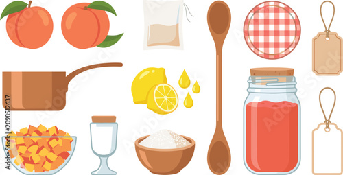 Foto Peach Jam Making Ingredients Collection with Fresh Fruit, Sugar, Lemon, Jar, Sau