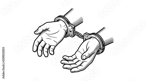 Black and White Engraving Style Illustration of Handcuffed Hands