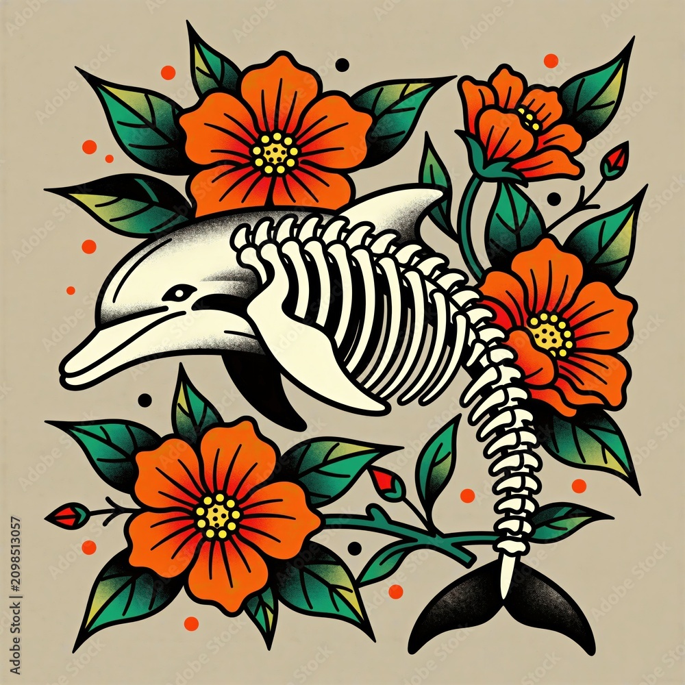 Fototapeta premium Skeletal dolphin graphic with orange flowers and green leaves in traditional tattoo style. This illustration combines marine life with botanical elements creating unique art for diverse designs.