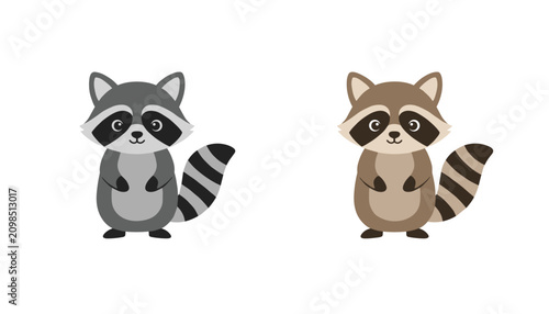 Pair of adorable cartoon raccoons with one in grey and one in brown standing side by side on a clean white background.