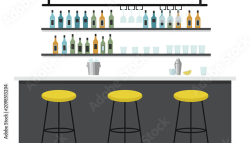 Modern and stylish bar interior showing a counter with yellow stools shelves stocked with colorful glass bottles and shaker.