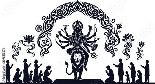 Goddess Durga riding a lion and worshipped by devotees under an ornate arch Keywords: Goddess Durga