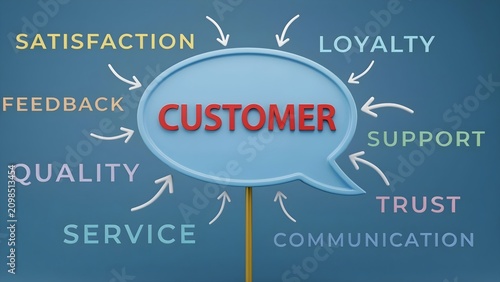 Customer Service Concept with Speech Bubble and Keywords on Blue Background with Arrows