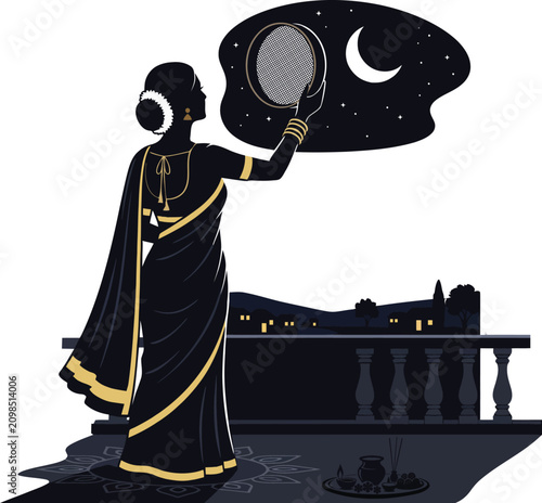 Woman in black and gold saree observing the moon through a sieve during Karwa Chauth festival Keywords