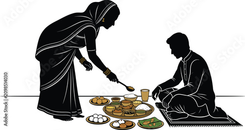 Woman in sari serving food to man in traditional attire with a glass of water Keywords: Indian woman