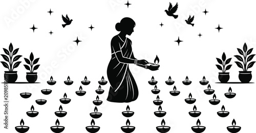 Woman lighting a diya surrounded by many oil lamps and potted plants Keywords: Woman, lighting, diya