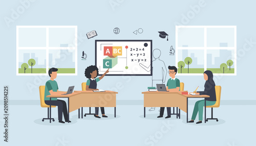 Diverse group of students learning in a modern classroom setting with desks, laptops, and an interactive digital whiteboard.