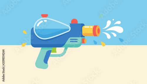 Colorful toy water gun blasting a splash of water against a simple two-tone blue and tan background for summer play.