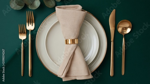 Elegant flat lay of festive dining setup with beige folded napkin on white plate, gold cutlery arranged on deep green background, top view styled for luxury restaurant template